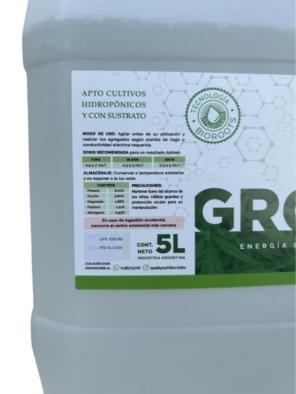 Nutrientes Grow 5l Hidroponia Quality Nutrition - Imagen 2